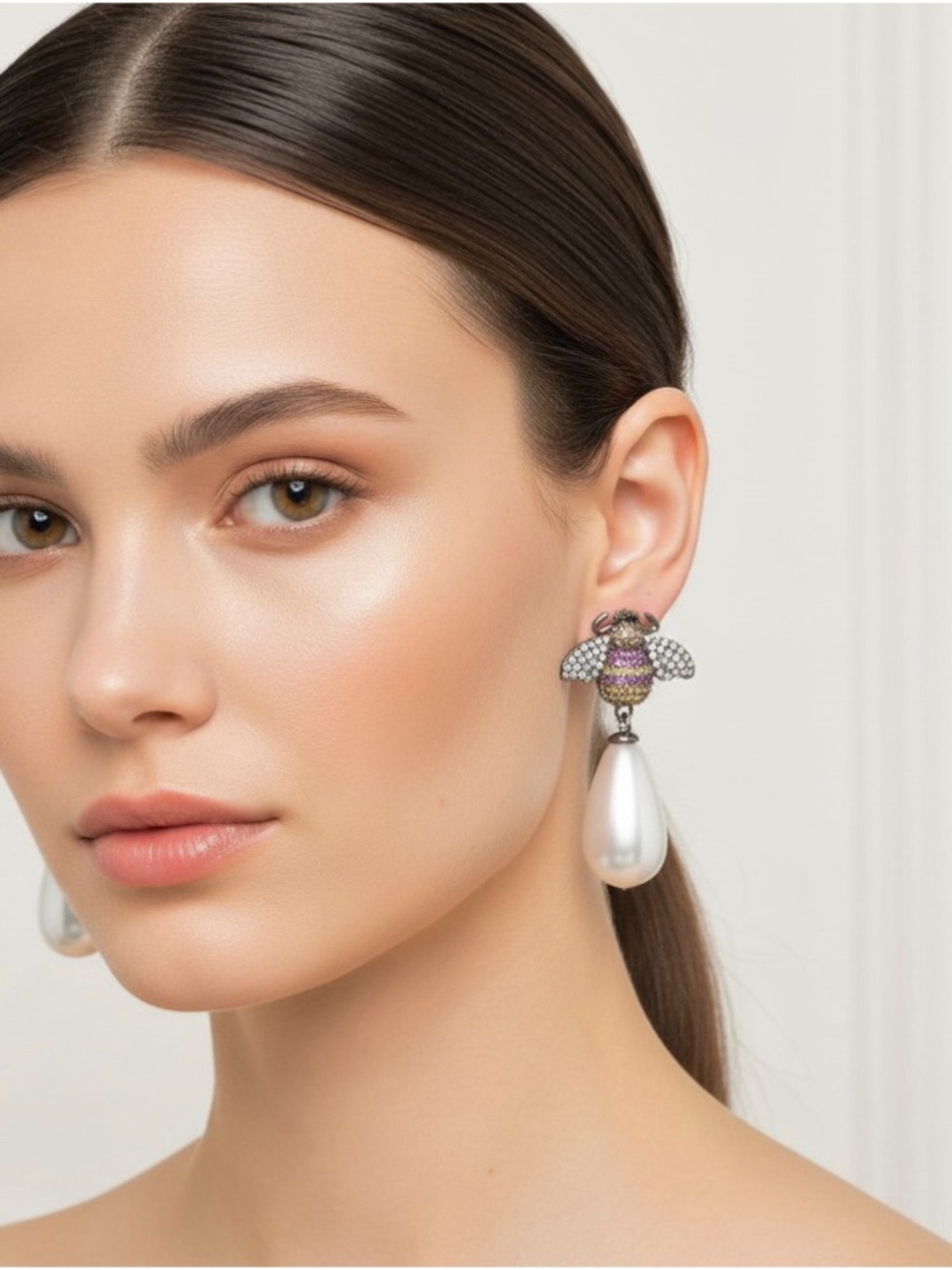 EYE CANDY Pearl & Crystal BEE Drop Earrings